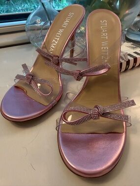 Stuart Weitzman Metallic Pink Crystal Bow Slide Heels